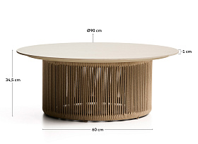 Уличный столик Orosei из спеченного камня, алюминия цвета экрю и бежевой веревки, 90 см