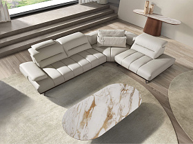 Угловой диван с правым шезлонгом 6244 из светло-серой кожи