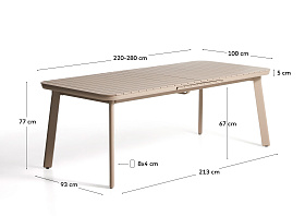 Раздвижной уличный стол Izola из алюминия с бежевой отделкой, 220 (280) x 100 см