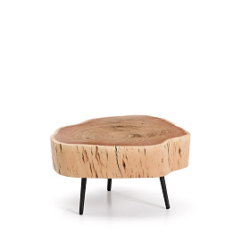 Журнальный столик Tavine из массива акации с выбеленной отделкой и черными стальными ножками Ø49 см