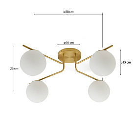 Потолочный светильник Brisia из металла в латунной отделке с 4 стеклянными плафонами Ø15 см