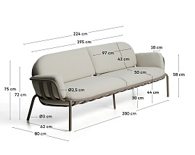 Уличный 3-х местный диван Joncols из алюминия цвета таупе, 225 см