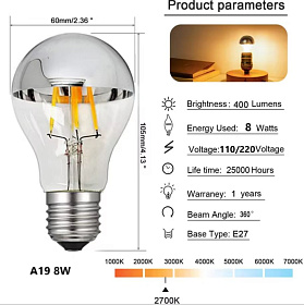 Светодиодная лампа Crown Mirro хром A19 8 Вт с регулируемой яркостью