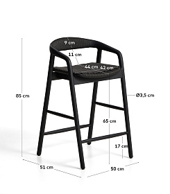 Уличный полубарный стул Derile из массива дуба и веревки в черной отделке