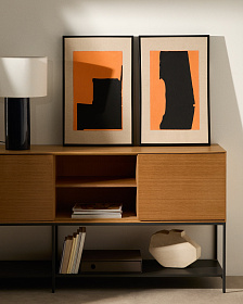 Zernu Абстрактная картина оранжево-чёрная на льняном холсте 