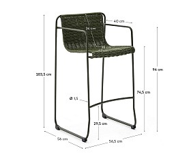 Барный стул Maurina из зелёной оцинкованной стали и зелёной веревки 74,5 см