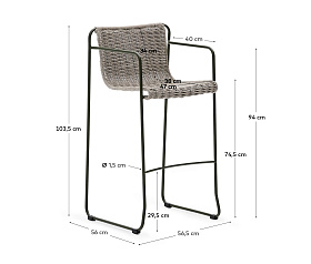 Барный стул Maurina из оцинкованной зеленой стали и веревки серого цвета и экрю, высота 74,5 см