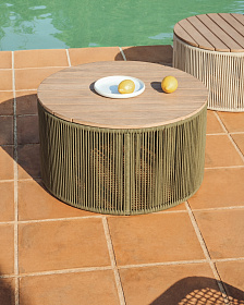 Уличчный столик Dandara из стали, зеленой веревки и массива акации Ø70 см