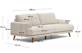 Трехместный диван Karin бежевого цвета с ножками из массива бука в отделке орех, 231 см
