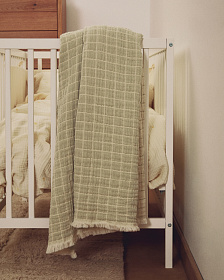 Плед Tivaro из хлопка, жаккардовый в светло-зеленую клетку двухсторонний 130 x 170 см