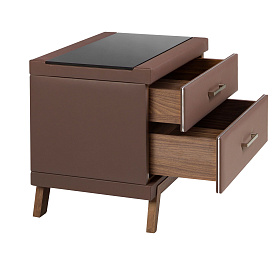 Прикроватная тумбочка 7162/GNS576 из ореха, коричневой экокожи и черного стекла
