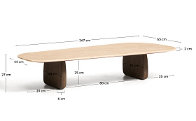 Журнальный столик Pirita из бежевого травертина с ножками из дуба с темной отделкой, 147 x 65 см