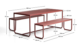 Комплект Sotil из 2 скамеек и стола из стали с гранатовой отделкой 183 x 83 cm