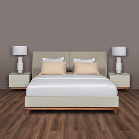 Кровать CALPE для матраса 160*200 отделка шпон ореха, экокожа PU78, светло-серый матовый лак RAL9002