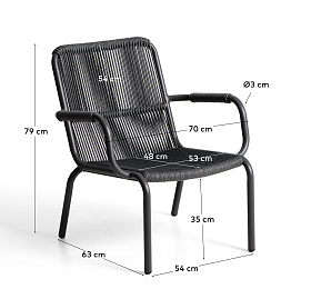 Уличное кресло Salis из графитового алюминия и темно-серой веревки