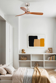 Потолочный вентилятор Mini Lantau из матового никеля/орех с двигателем постоянного тока