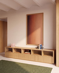 Тумба под ТВ Helvine с 3 дверцами и 5 ящиками из шпона дуба и закаленного стекла, 245x53,5 см
