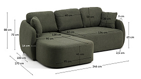Трехместный диван-кровать Laira с левым шезлонгом из темно-зеленого шенилла 246  см