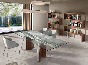 Раздвижной обеденный стол 1159 из стекла, ореха и хромированной стали