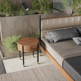 Прикроватная тумбочка BENISSA шпон ореха с латунными колпачками