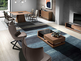 Квадратный обеденный стол MI1412 /1079 из ореха со вставкой из черного стекла