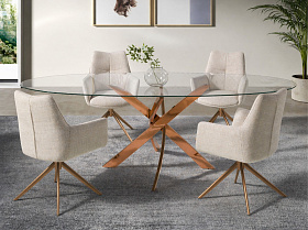 Овальный обеденный стол 1169-Ø200x95 из закаленного стекла и розовой стали