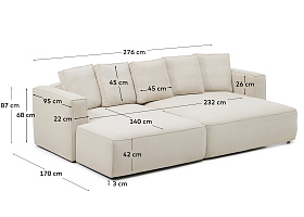 3-местный диван-кровать Marela бежевый шенилл с кушеткой слева, 276 см