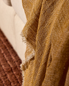 Sanae горчичный 100% льняной плед с бахромой 130 x 170 см