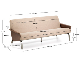 3-местный диван Amsen светло-коричневый с подлокотниками из шпона ореха