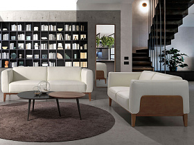 Диван 3-х местный 5353-3P-M9715 /6115 кожаный белый с каркасом из ореха