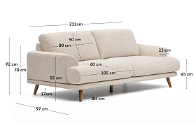 Двухместный диван Karin из бежевой синели с ножками из бука с отделкой орех, 210 см