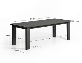 Раздвижной уличный стол Livorno из графитового алюминия, 233(350) x 100 см