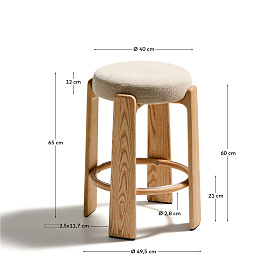 Granite Полубарный табурет из бежевого шенилла и массива ясеня в натуральной отделке 65 см