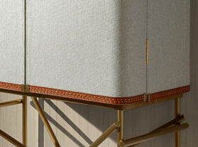 Высокий буфет 3272 из ткани, ореха и полированной золотистой стали