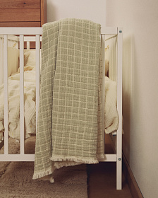 Плед Tivaro из хлопка, жаккардовый в светло-зеленую клетку двухсторонний 130 x 170 см