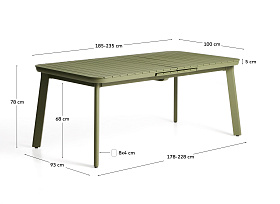 Раздвижной уличный стол Izola из алюминия с зеленой отделкой, 185 (235) x 100 см
