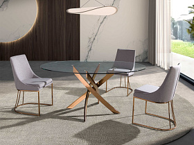 Круглый обеденный стол 1169-Ø110 из закаленного стекла и розовой стали