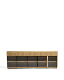Сервант Helvine с 5 дверцами и 5 ящиками из шпона дуба и закаленного стекла, 245x80 см