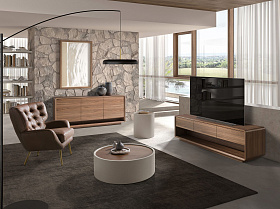 Журнальный столик 2164 из орехового дерева и песочной экокожи