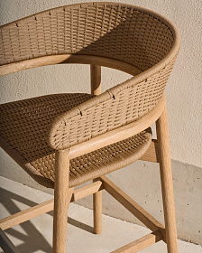 Барный стул Arinella из массива акации с натуральной отделкой и бежевой веревкой, высота 75 см