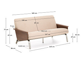 2-местный диван Amsen светло-коричневый с подлокотниками из шпона ореха