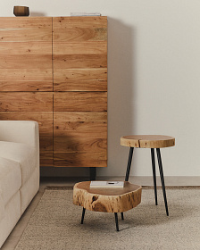 Журнальный столик Tavine из массива акации с выбеленной отделкой и черными стальными ножками Ø49 см