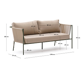 Уличный 2-х местный диван Zivia из веревки цвета экрю и стали зеленого цвета