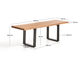 Скамейка Uxue из массива акации с черными стальными ножками, 140 x 45 см