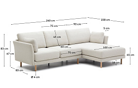 Gilma 3-х местный диван с правым/левым шезлонгом с натуральными ножками 260 cm