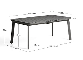 Раздвижной уличный стол Izola из алюминия с графитовой отделкой, 185 (235) x 100 см