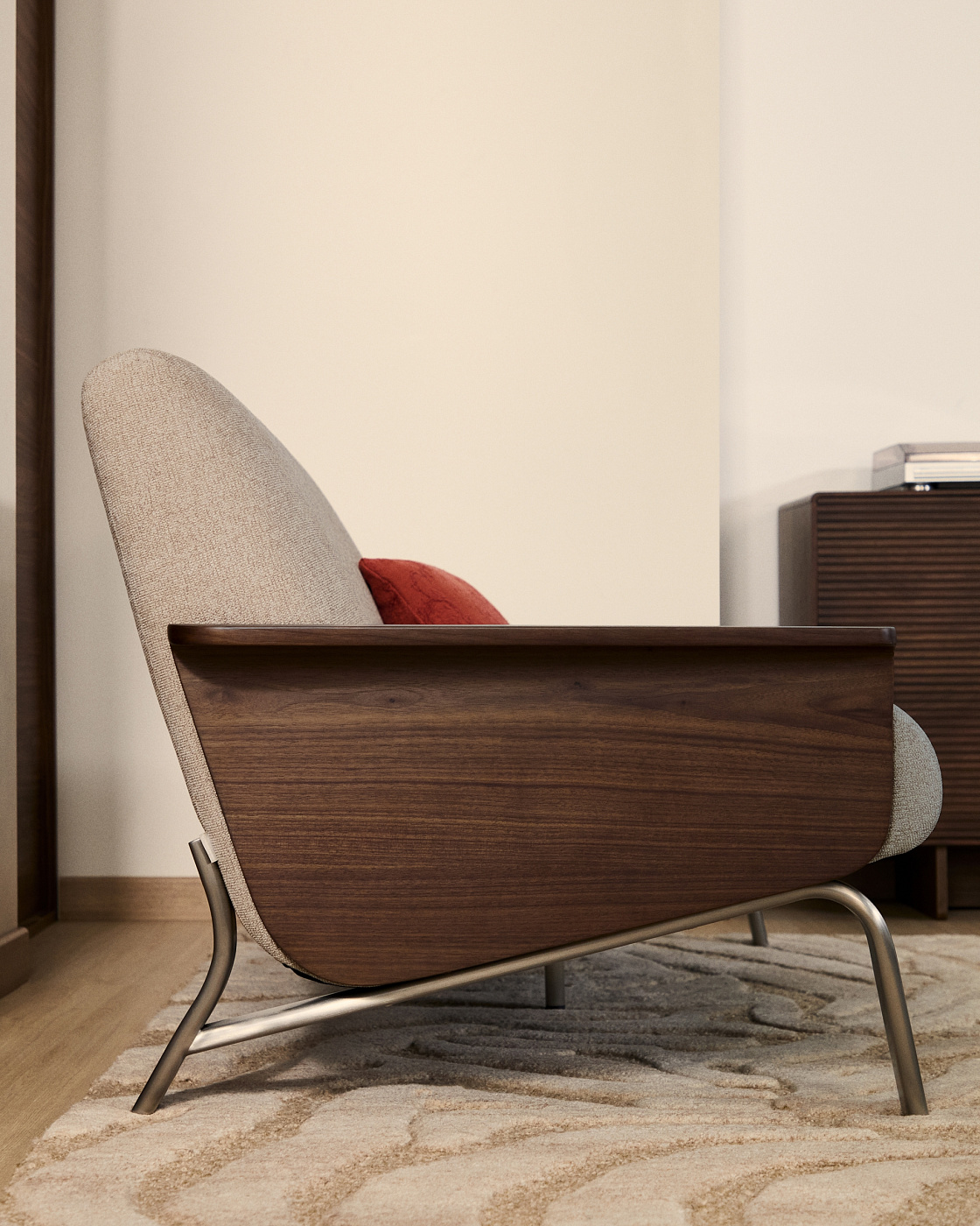 2-местный диван Amsen светло-коричневый с подлокотниками из шпона ореха