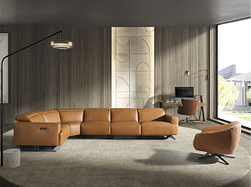 5-местный диван с реклайнером 6263 с левым шезлонгом из коричневой кожи