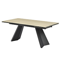 Раздвижной обеденный стол бежевое стекло с керамикой, черный металл