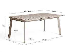 Раздвижной уличный стол Izola из алюминия с бежевой отделкой, 185 (235) x 100 см